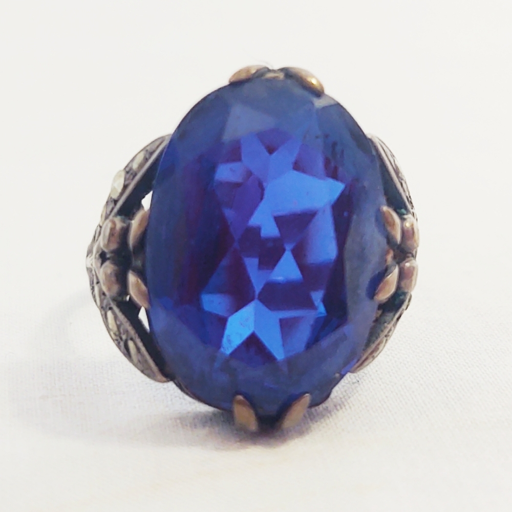 Antique Victorian Sapphire Blue Oversized Sterling Silver Cocktail Ring- Size 9